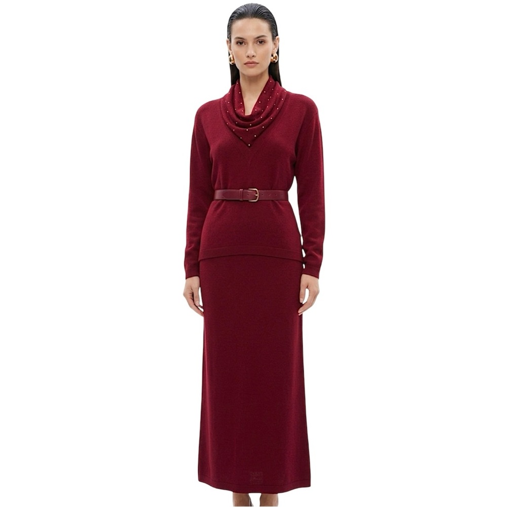 ST. JOHN Vtg Santana Knit 3-Pc Ensemble Skirt Cowl Neck Sweater & Belt Size 6